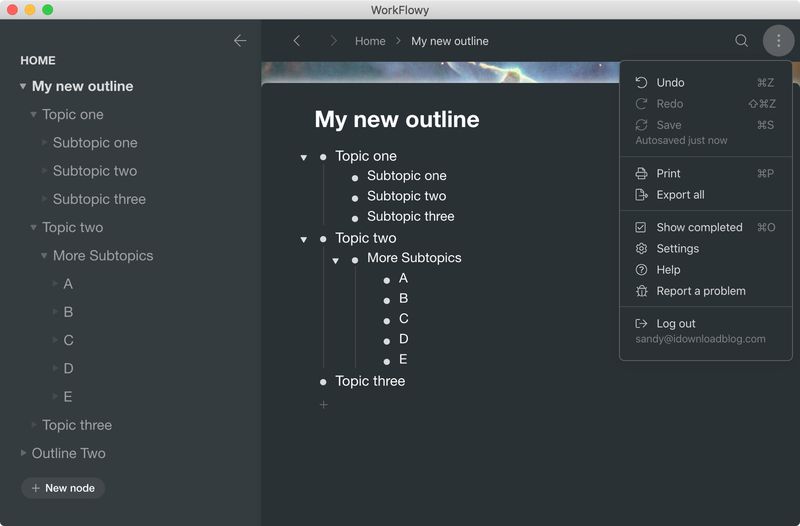 Application WorkFlowy Outline pour Mac