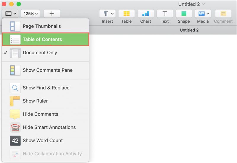 Table of Contents view in Pages