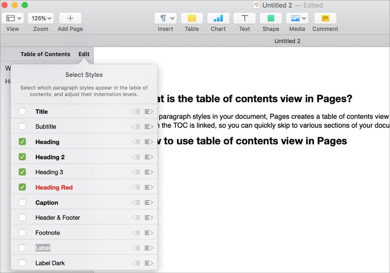 Change paragraph styles in the TOC in Pages