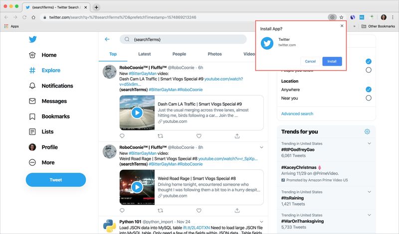 Chrome Install Twitter Pop-up