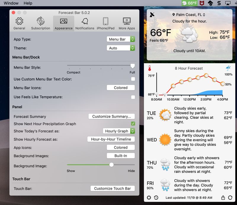 Paramètres météo et radar de la barre de prévisions pour Mac