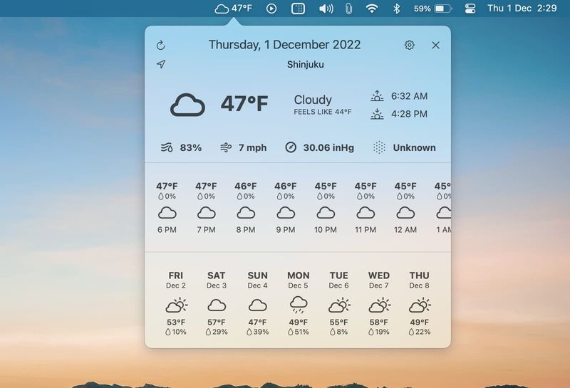 Application Weather Dock sur Mac affichant les détails météo dans la barre de menus