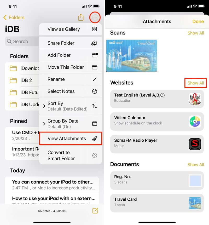 View Attachments in iPhone Notes app