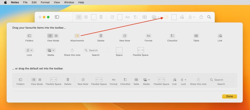 Add Show Attachments button to the Notes app toolbar on Mac