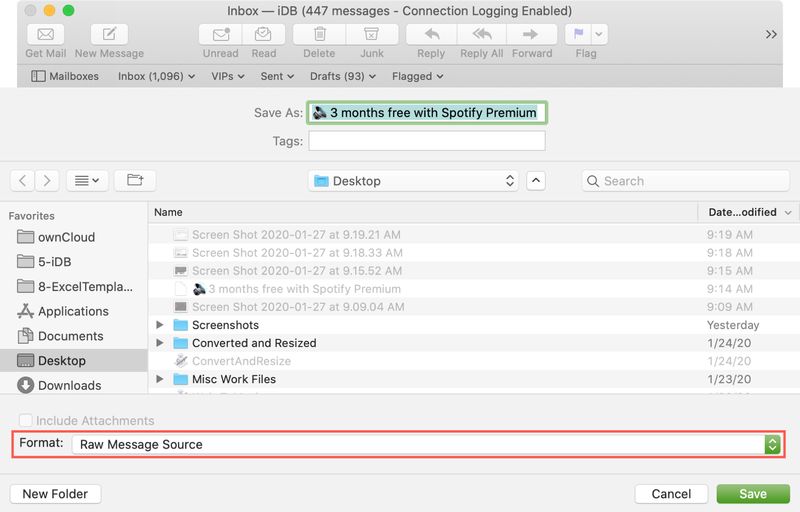 Mail Enregistrer en tant que source de message brut Mac