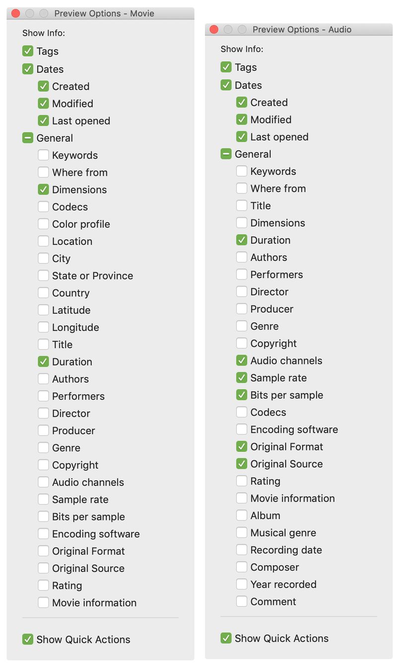 Options de prévisualisation audio vidéo Mac