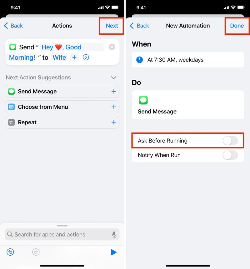 Finish creating your automatic send message automation on iPhone