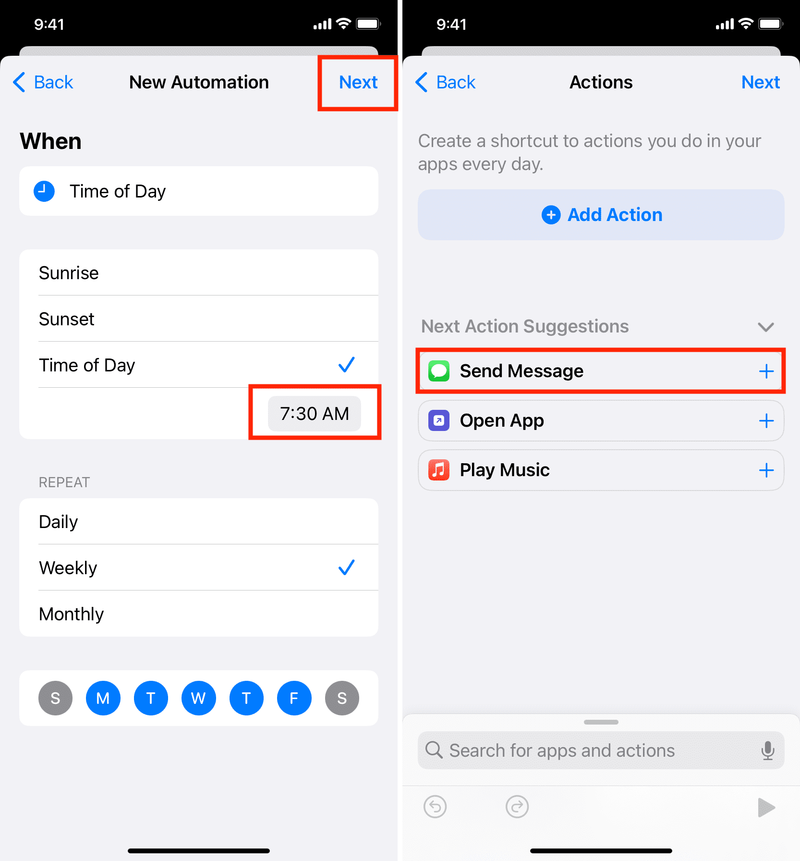 Set time and pick Send Message action for automation