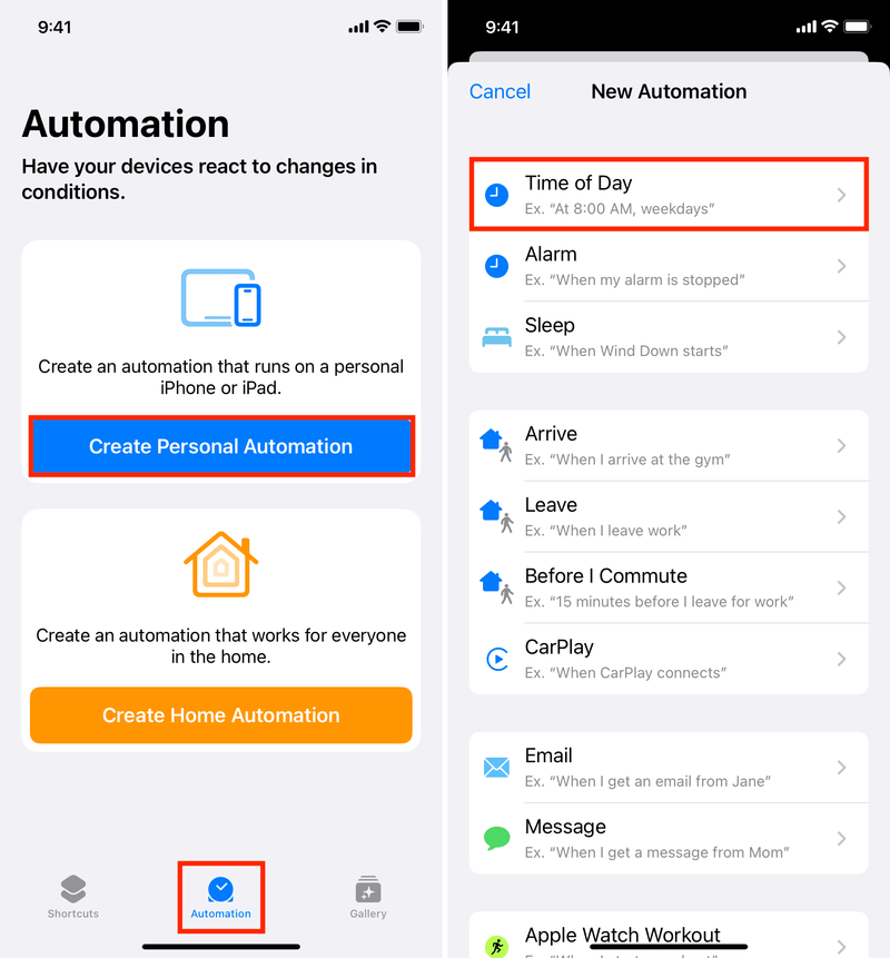 Create Personal Automation and select Time of Day