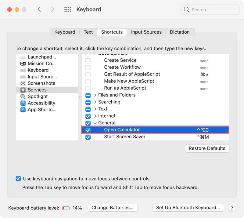 System Preferences Services Open Calculator Shortcut