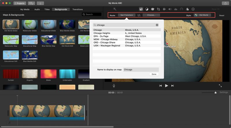 Route animated map background iMovie Mac