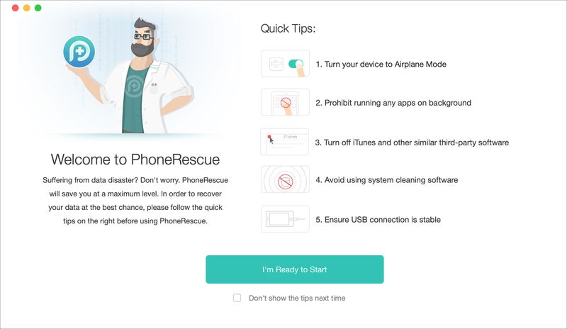 Écran de bienvenue de PhoneRescue