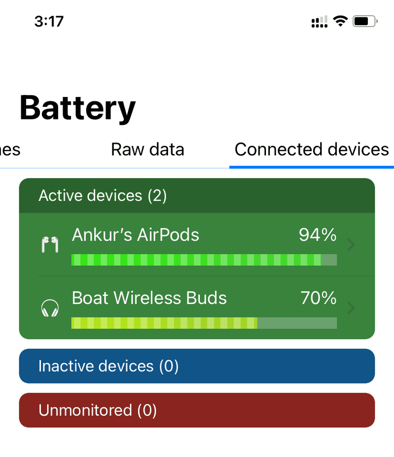 Application Battery Life affichant le pourcentage de batterie des appareils connectés sur iPhone