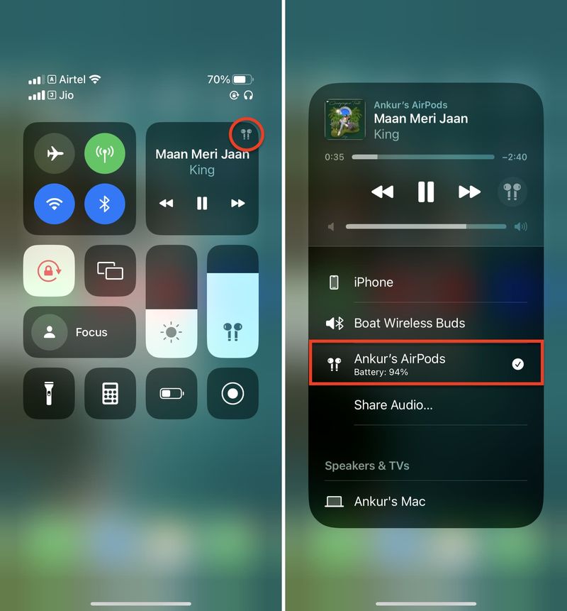 Pourcentage de batterie des AirPods dans la vignette iPhone Now Playing du Control Center