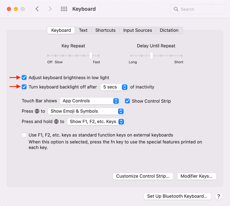 Préférences de clavier sur MacBook pour économiser la batterie
