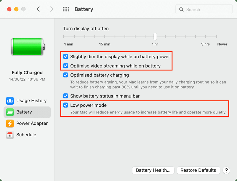 Paramètres de la batterie pour améliorer le temps d