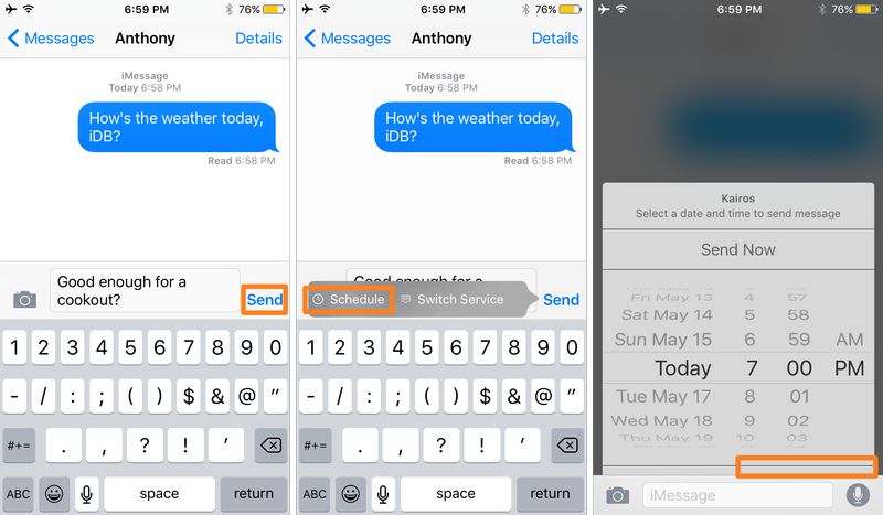 Kairos tap and hold on Send button to schedule messages