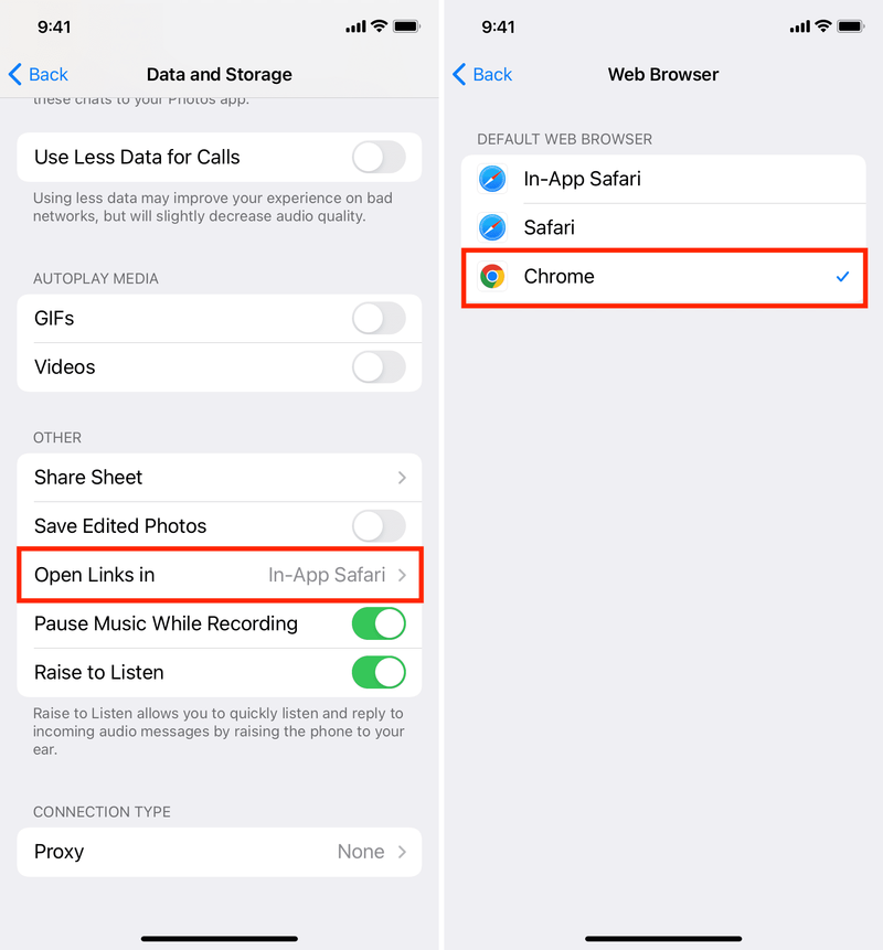 Définir Chrome comme navigateur par défaut dans Telegram sur iPhone