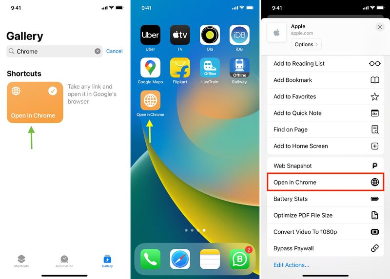 Ouvrir dans le raccourci Chrome sur iPhone