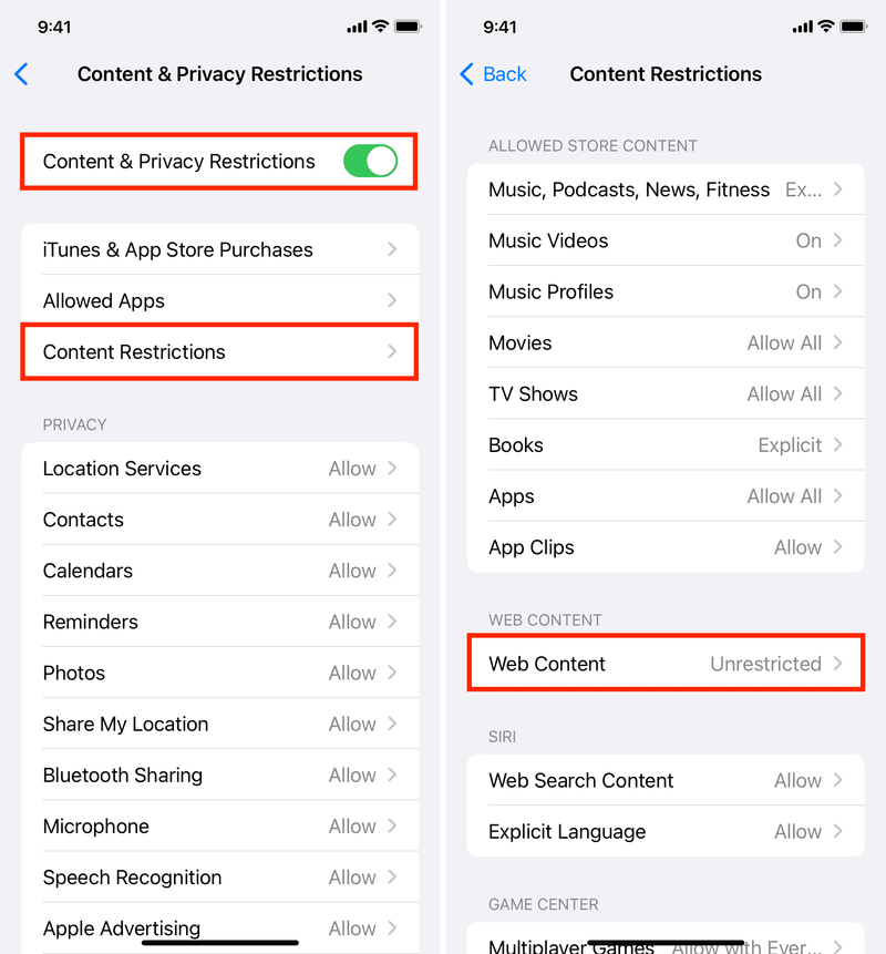 Contenu Web dans les paramètres de restrictions de contenu iPhone