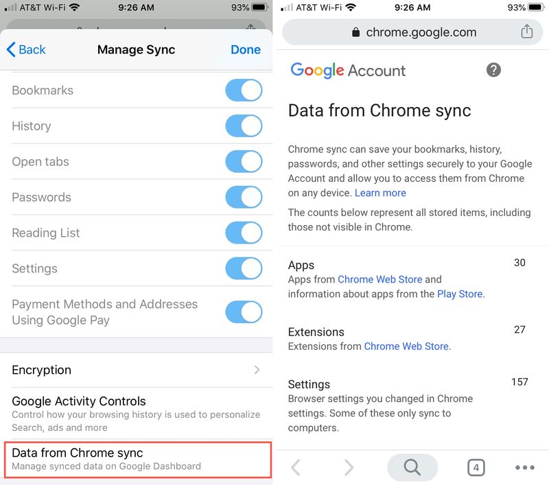 Chrome Gérer le tableau de bord de synchronisation iPhone