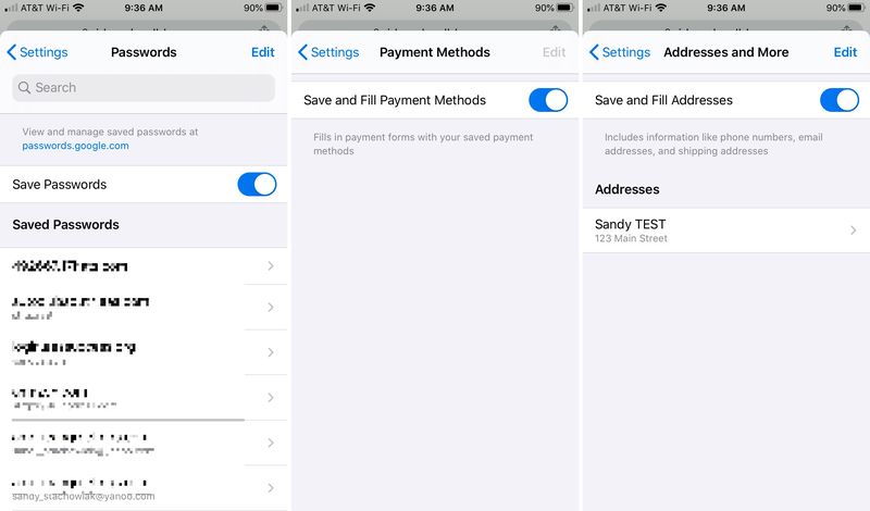 Chrome Mots de passe Paiements Adresses iPhone