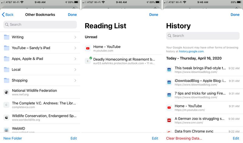 Signets Chrome Historique de lecture iPhone