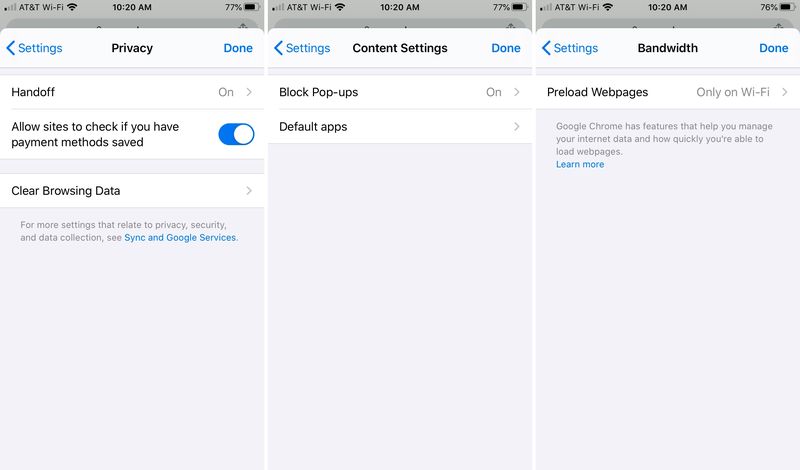 Chrome Confidentialité Contenu Bande passante iPhone