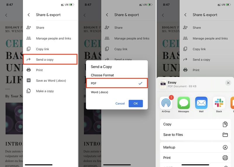Envoyer une copie de Google Docs au format PDF sur iPhone
