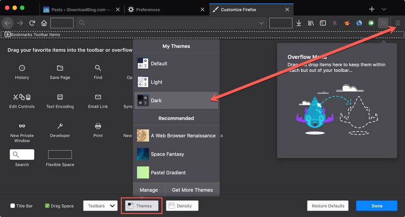 Thème sombre de Firefox dans les personnalisations Mac