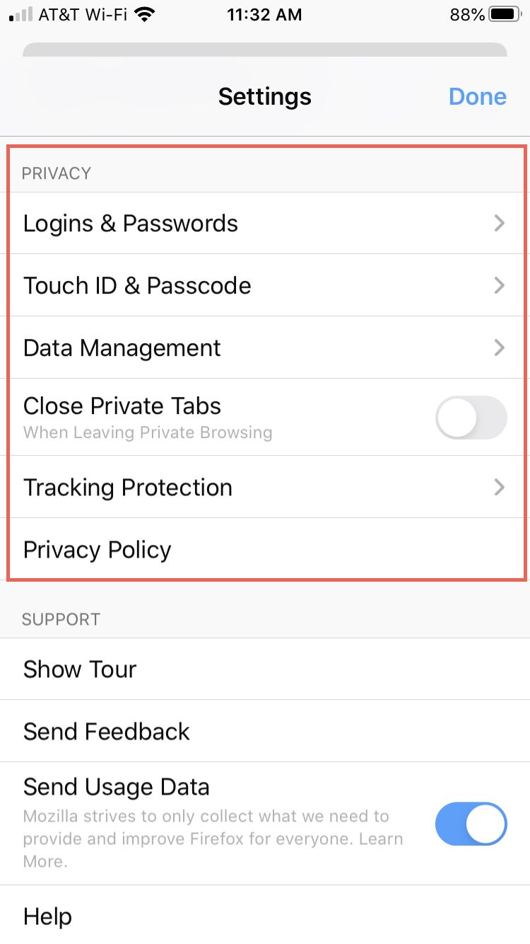 Paramètres de confidentialité de Firefox iPhone