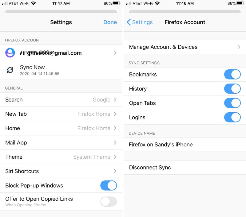 Options de synchronisation de Firefox iPhone