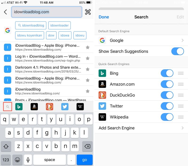 Options de suggestions de recherche de Firefox iPhone