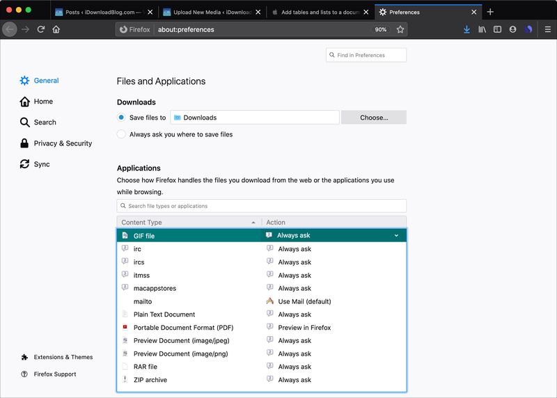 Fichiers Applications Firefox Préférences Mac