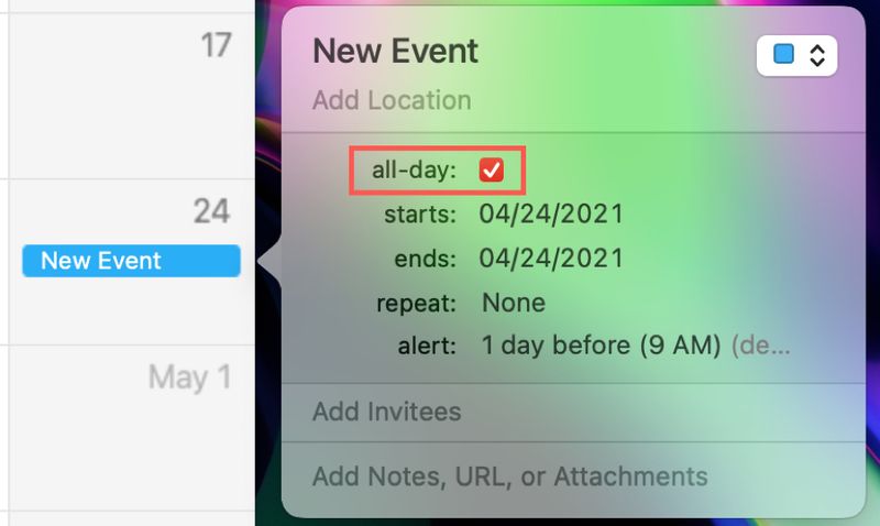 Create All-Day Event in Calendar on Mac