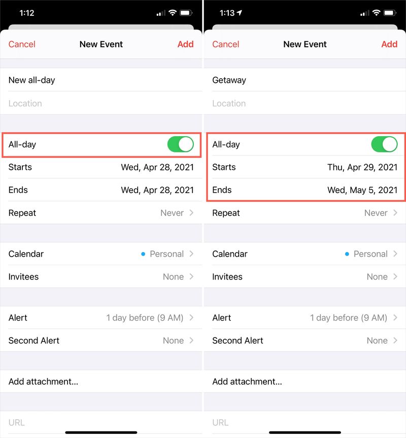 Create All-Day or Multi-Day Event on iPhone