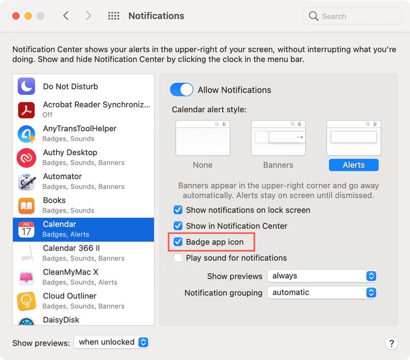 Calendar Notifications for Badge on Mac