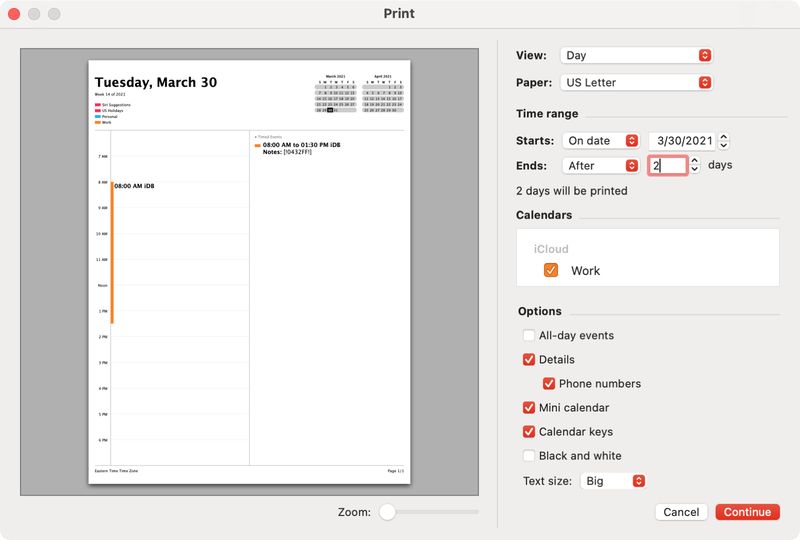 Print Specific Day Events in Calendar on Mac