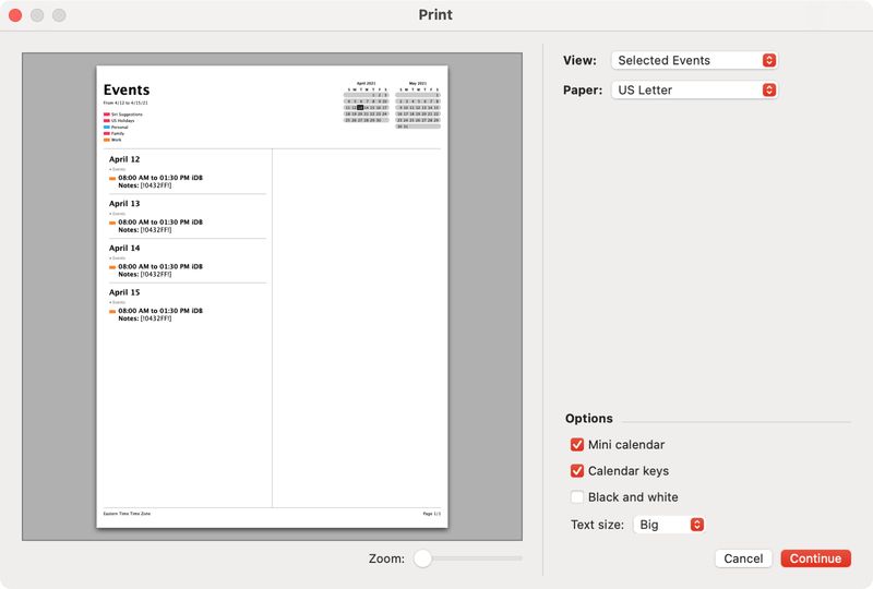 Print Selected Events in Calendar on Mac