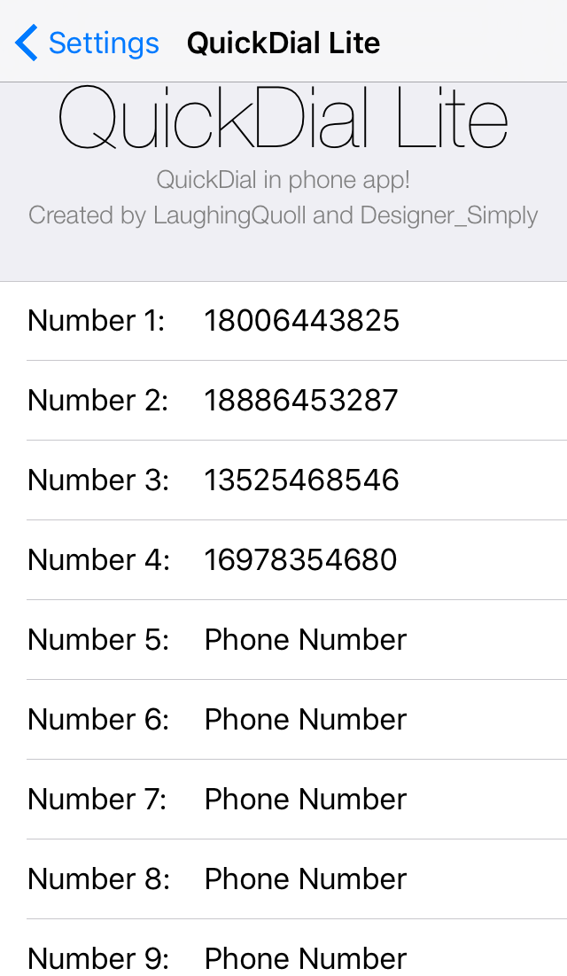 QuickDial Lite Preferences Pane Phone Numbers