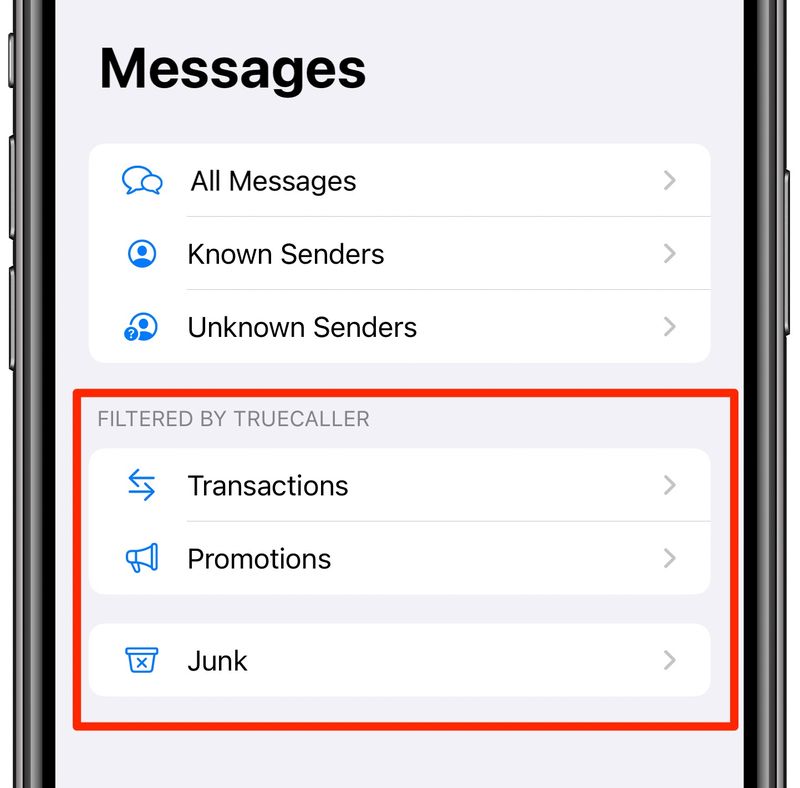 La section de filtrage des SMS dans Messages