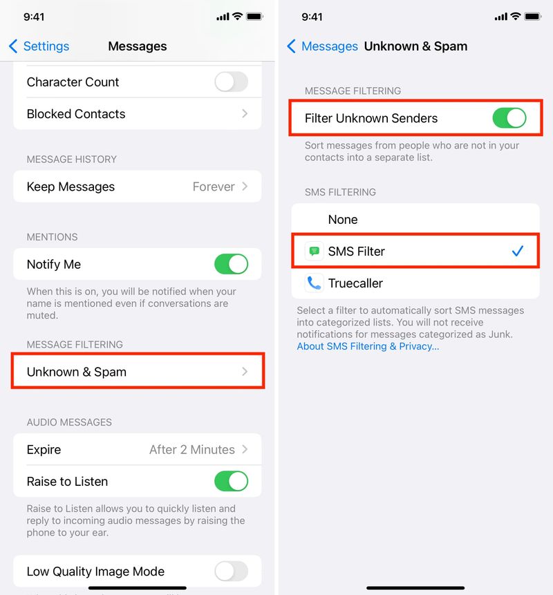 Filtrer les expéditeurs inconnus dans les paramètres des messages iPhone