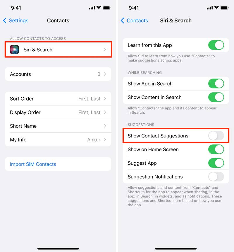 Désactivez Afficher les suggestions de contact sur iPhone