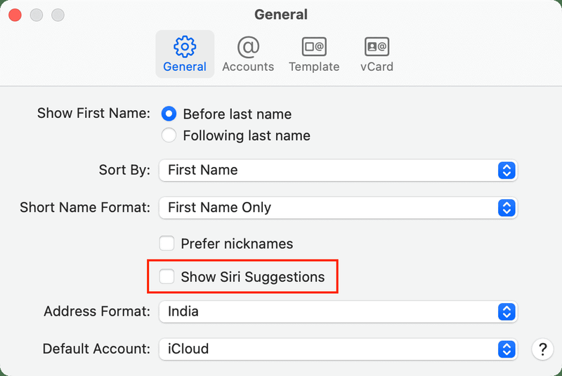 Désactiver Afficher les suggestions Siri dans les contacts sur Mac