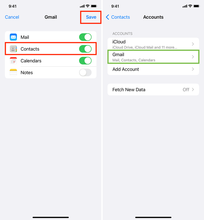 Activez Google Contacts et appuyez sur Enregistrer dans les paramètres de l