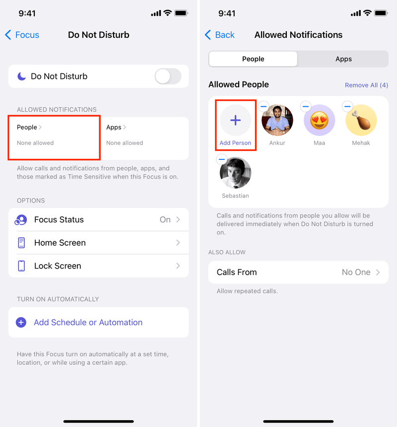 Notifications autorisées pour des personnes spécifiques dans les paramètres Ne pas déranger sur iPhone
