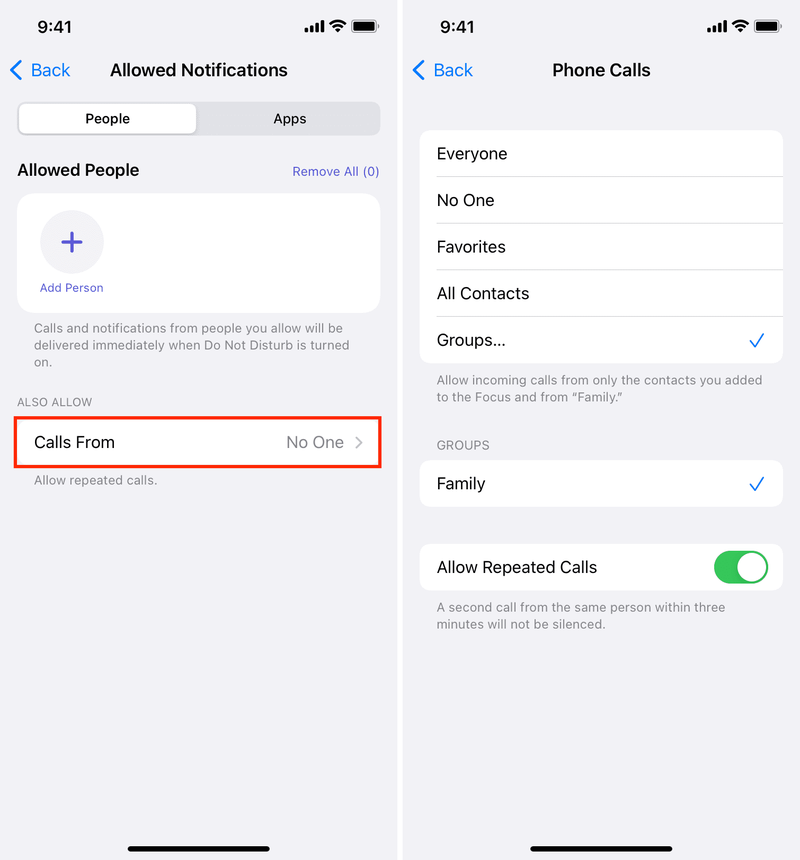 Autoriser les appels depuis le paramètre Ne pas déranger sur iPhone