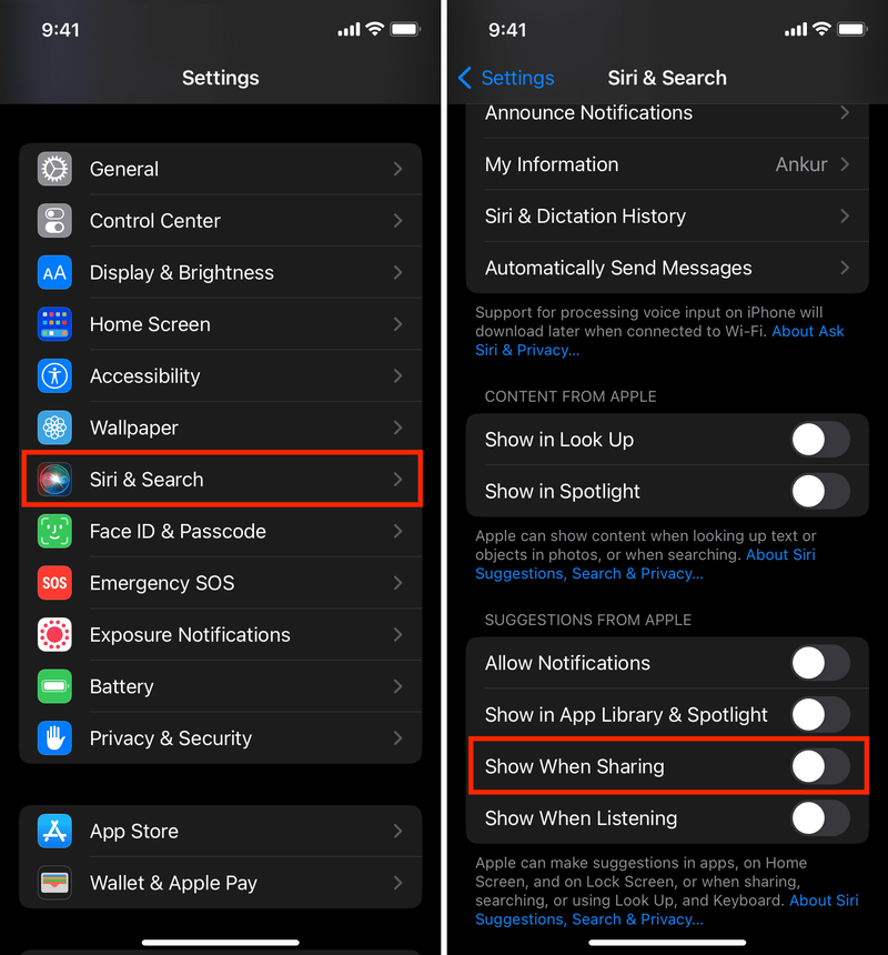 Désactiver Afficher lors du partage dans les paramètres Siri de l