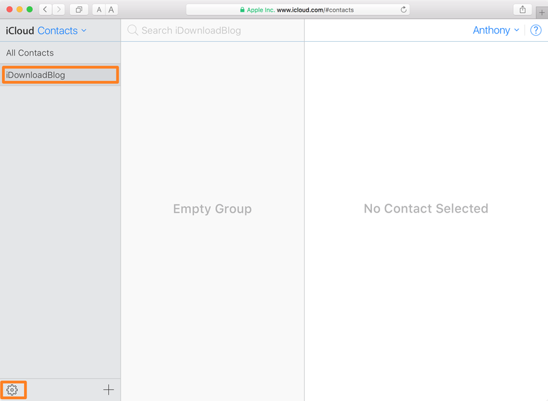 iCloud Website Select Contacts Group and Settings