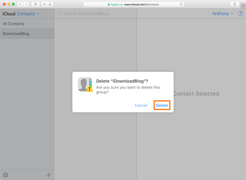 iCloud Website Delete Contacts Group Confirmation